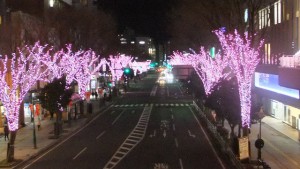 帰りに寄ったいわきの駅前通り。避難者の多くが暮らす。富岡町の桜をイメージしてのイルミネーション